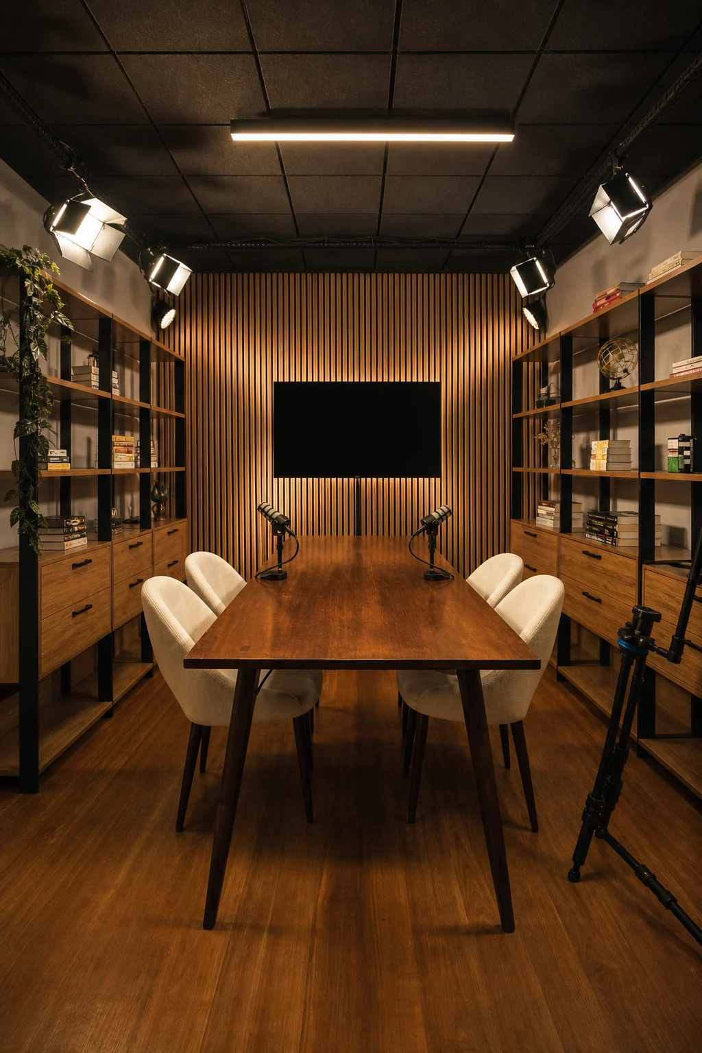Estúdio 30DZ7 com mesa, microfones, iluminação e cenário