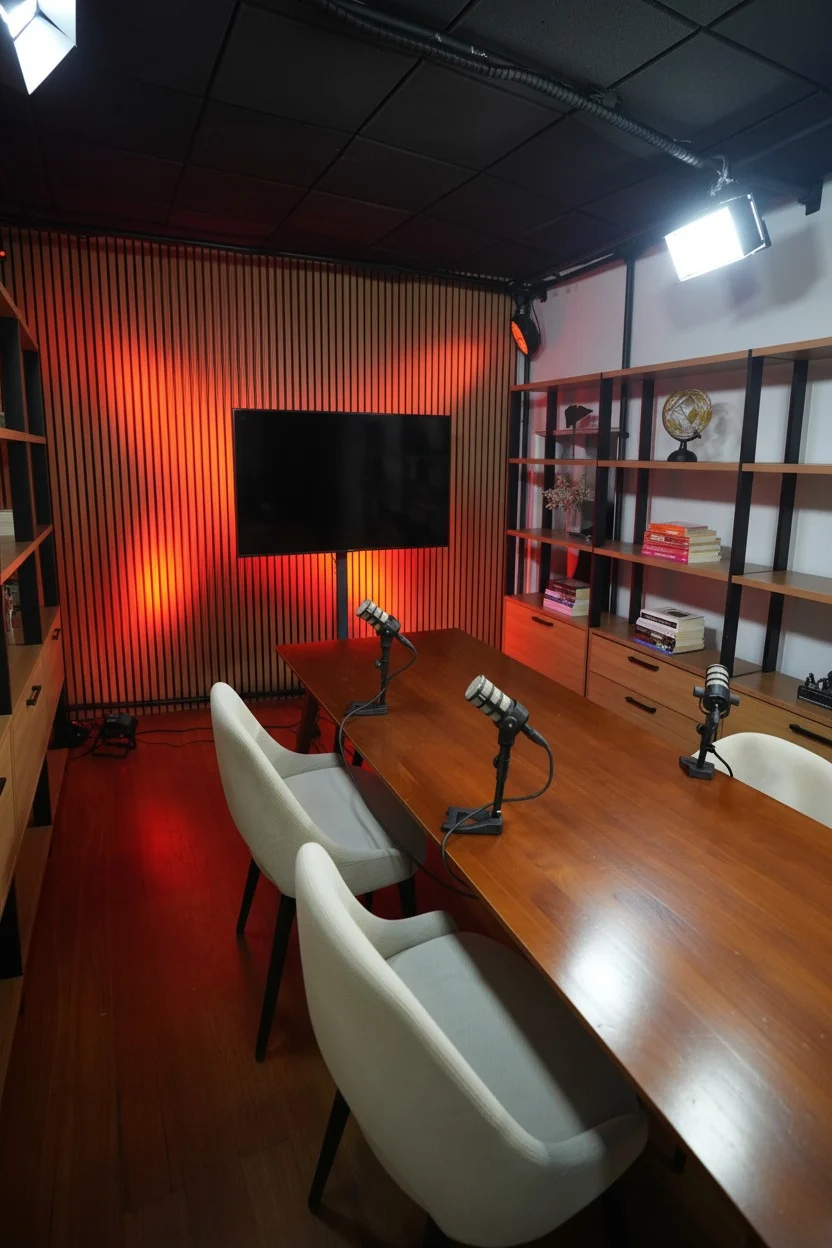 Estúdio 30DZ7 com iluminação vermelha, mesa e microfones Rode